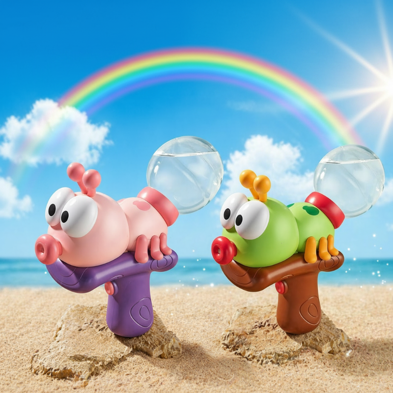 Pink and green insect-shaped water guns with clear tanks on beach sand beneath a rainbow.