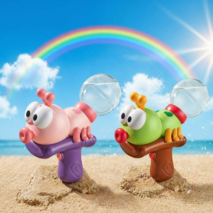 Pink and green insect-shaped water guns with clear tanks on beach sand beneath a rainbow.