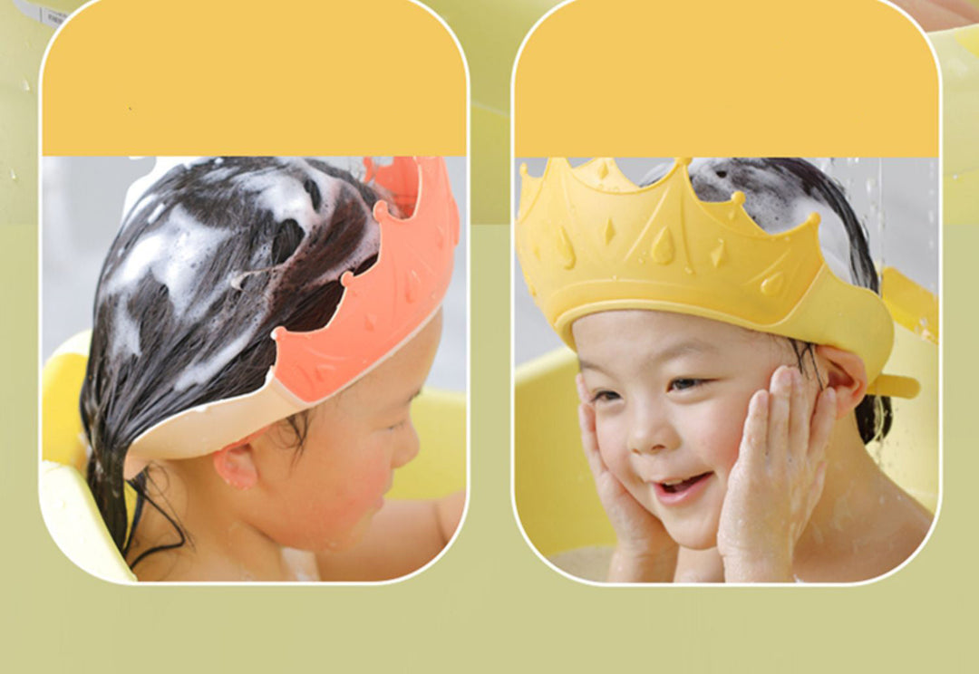 Side-by-side views of children wearing pink and yellow crown-shaped bath caps