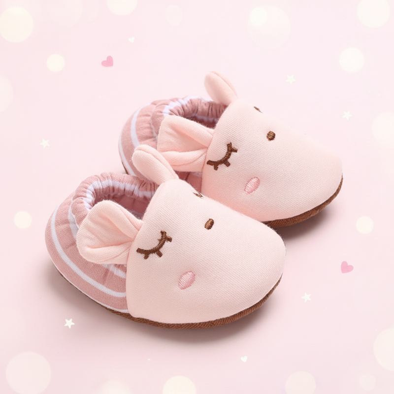 Pink baby shoes with animal ears, closed-eye embroidery and striped cuffs.