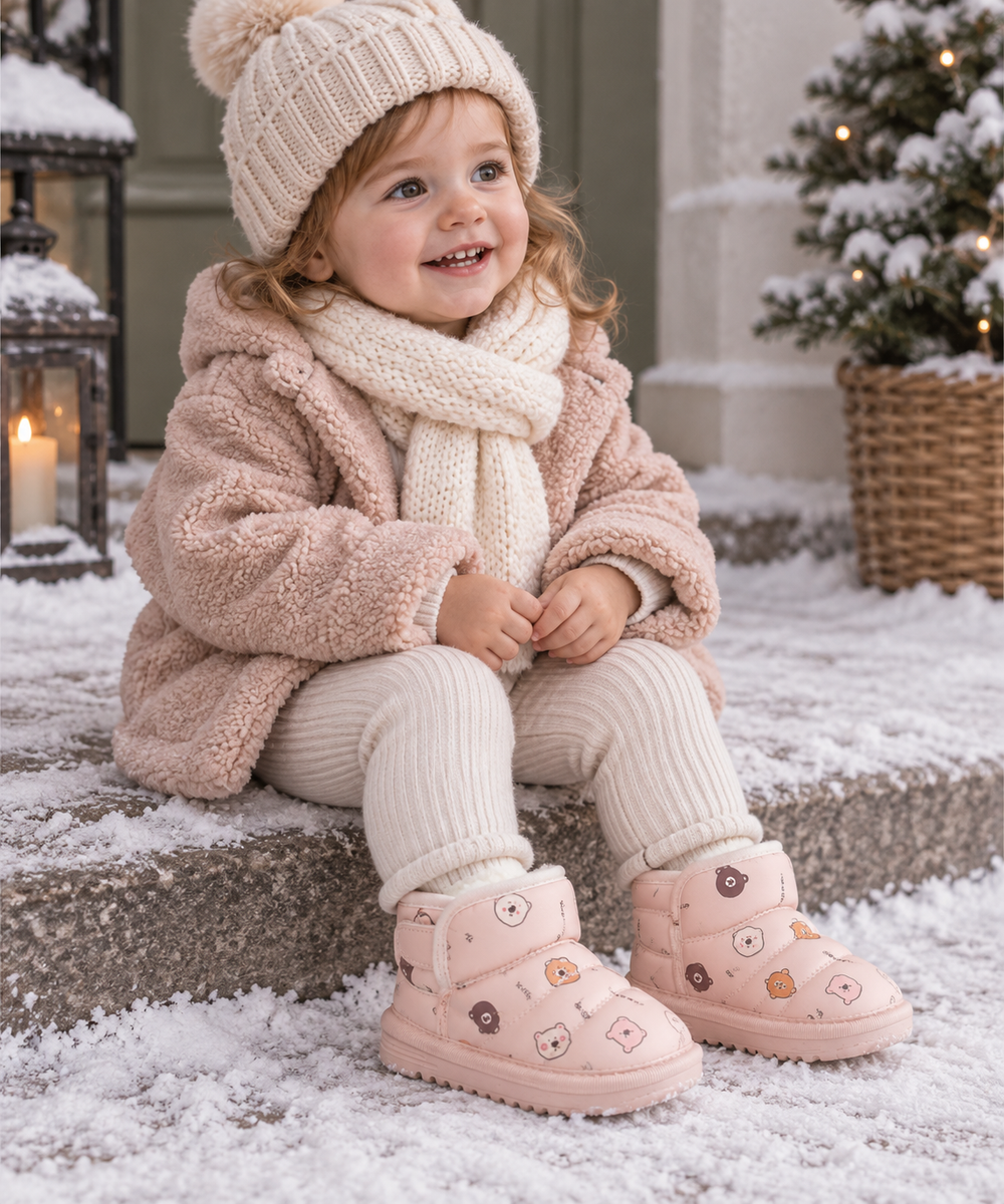 Child wearing pink animal-print ankle boots with a winter coat and knit hat outdoors