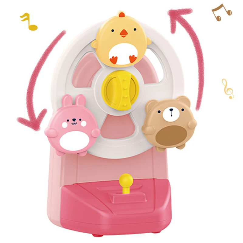 Pink music box with a spinning wheel and chick, bunny, and bear figures