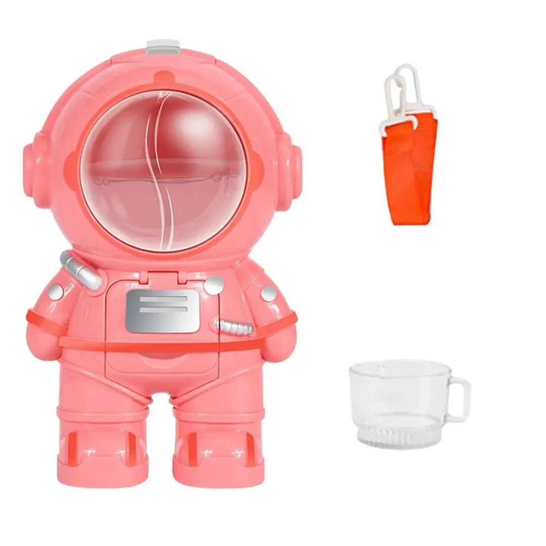 Pink astronaut water bottle shown with a small clear cup and folded shoulder strap.