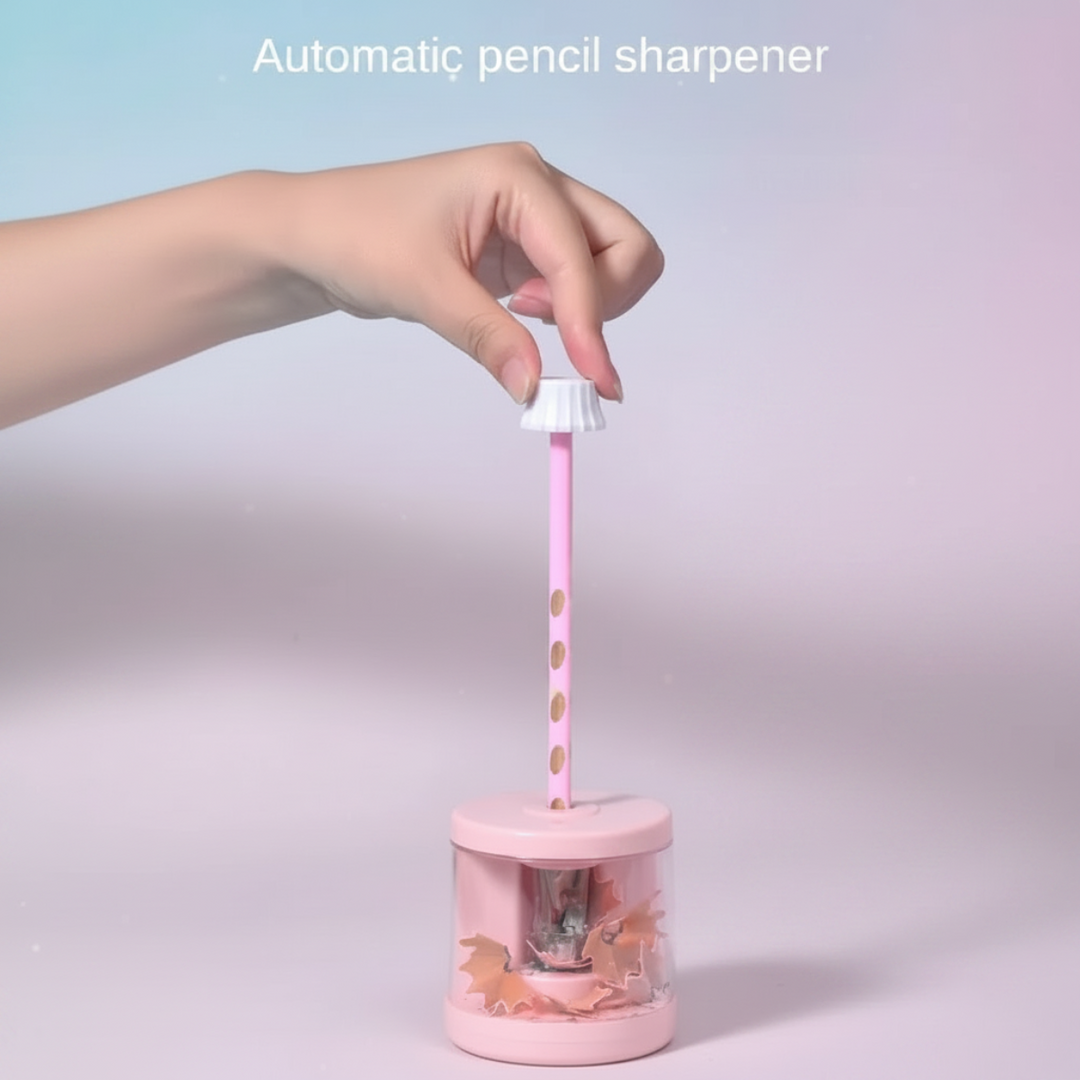 Pink automatic pencil sharpener in use with a pencil held by a white sharpening hand protector