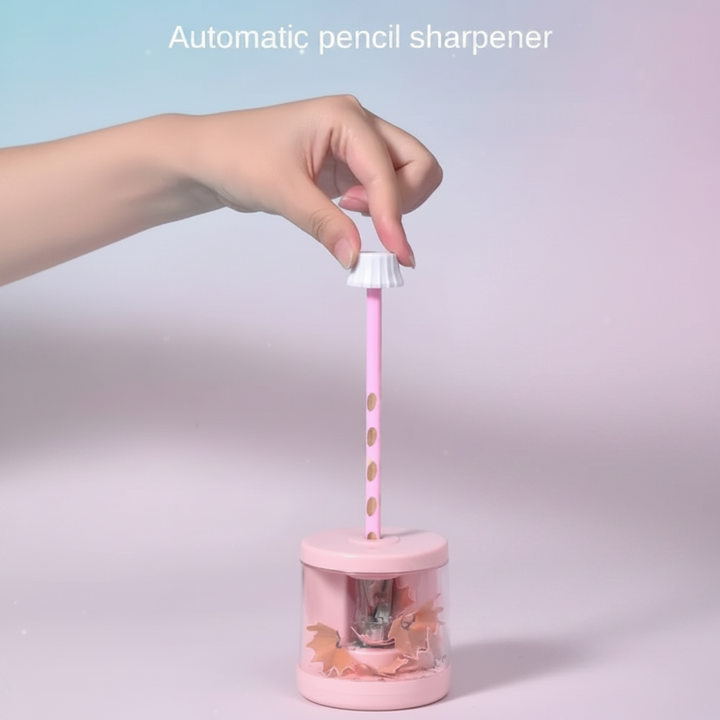 Pink automatic pencil sharpener in use with a pencil held by a white sharpening hand protector