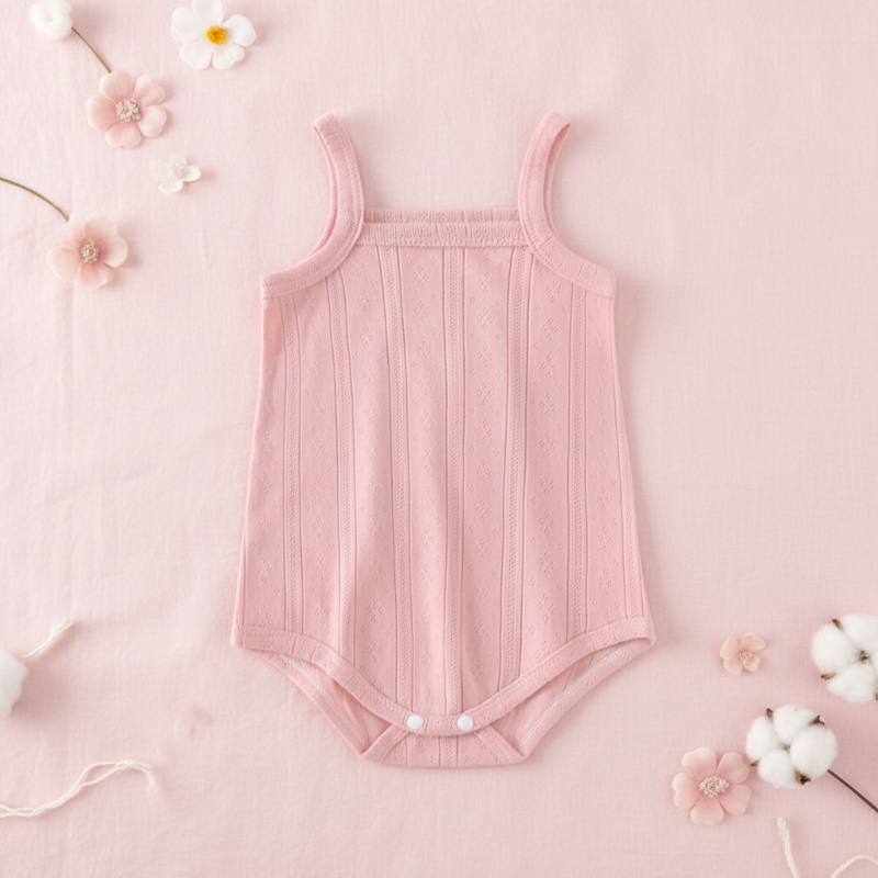 Pink ribbed baby bodysuit with white bottom snaps beside small flowers