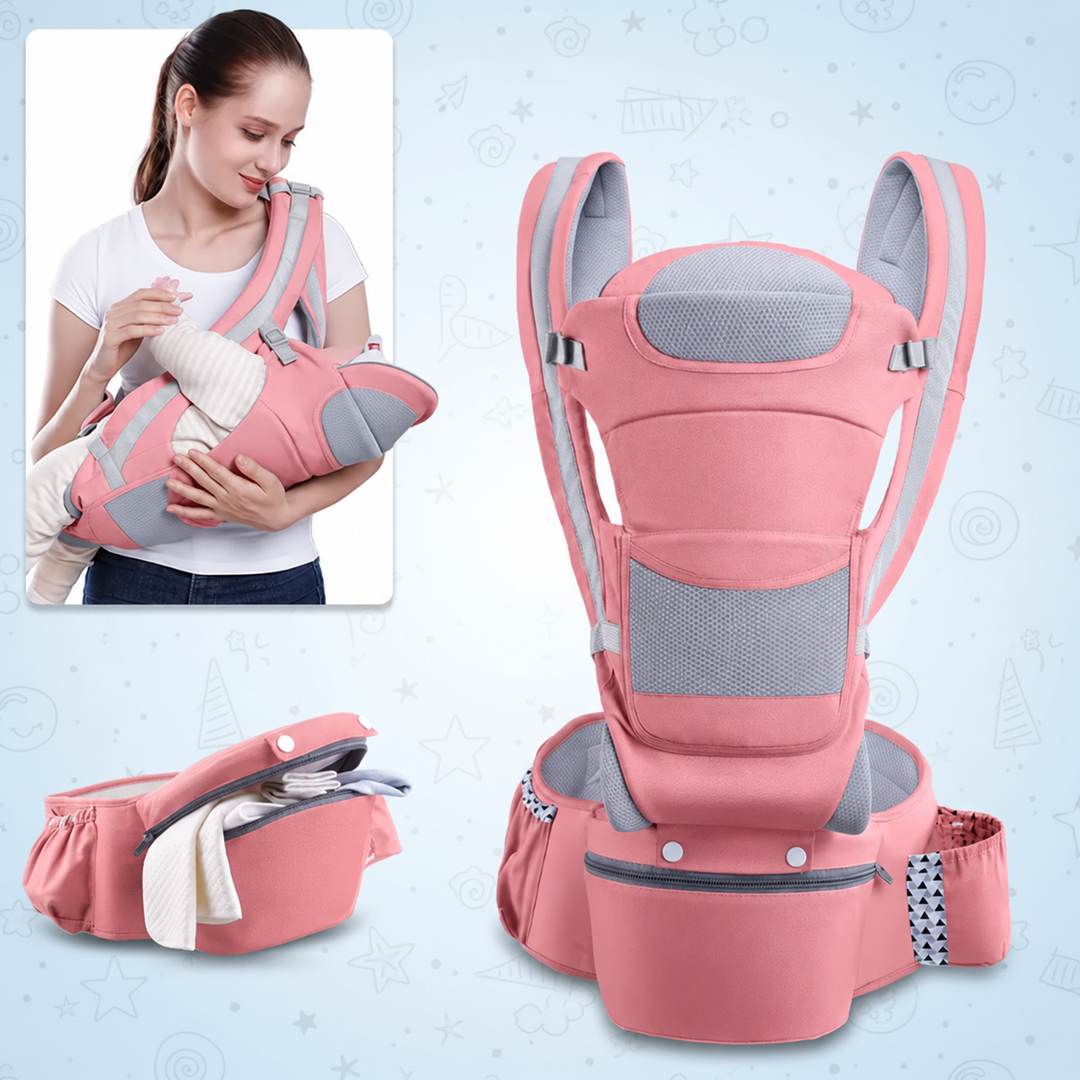 Pink baby carrier with gray mesh panels, open hip seat storage, and a parent carrying a baby
