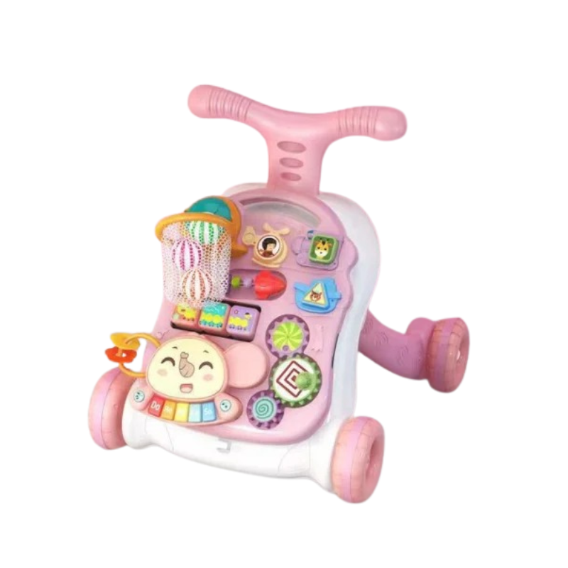 Pink baby push walker with a wide handle, activity panel, and mini basketball hoop