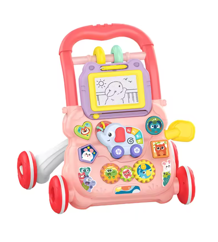 Pink baby push walker with a drawing board, activity panel, and red wheels