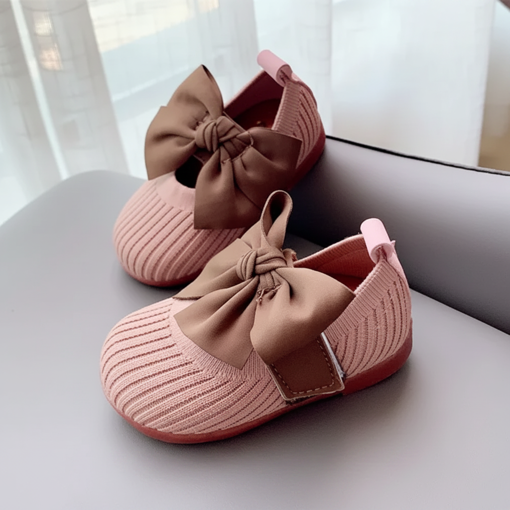 Pink bow baby shoes viewed from the side on a gray chair