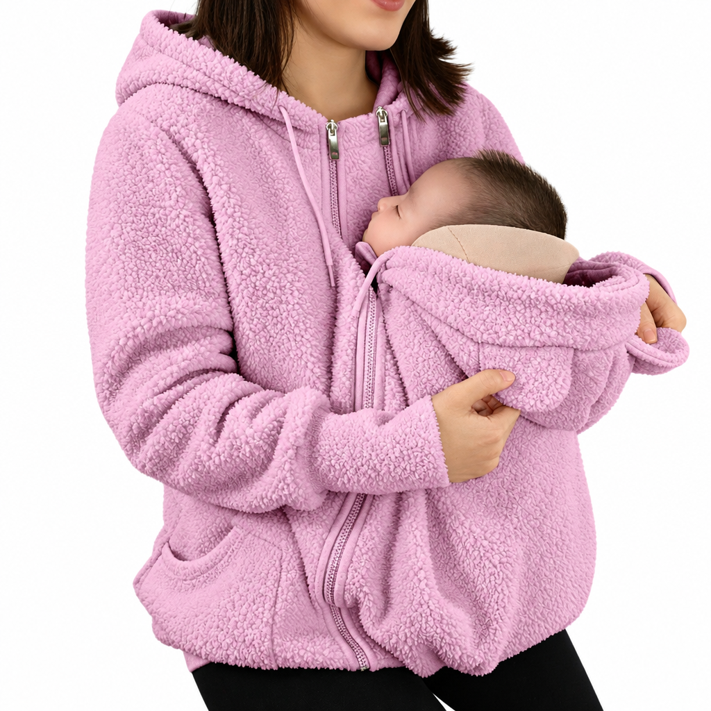 Pink babywearing jacket with side pockets shown on a woman holding a baby