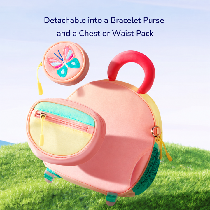 Pink backpack with a detachable front pouch and a separate round butterfly pouch