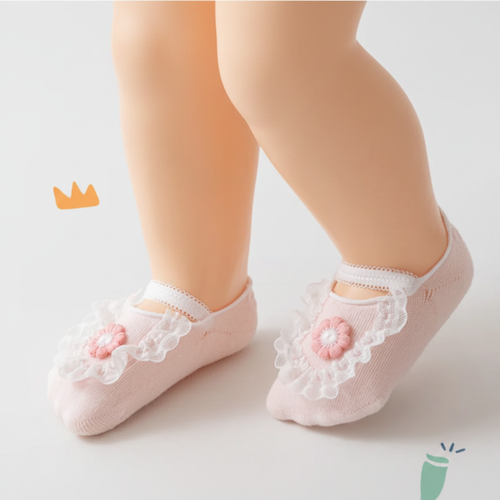 Side view of a baby wearing pink ballet-style socks with flower and lace details