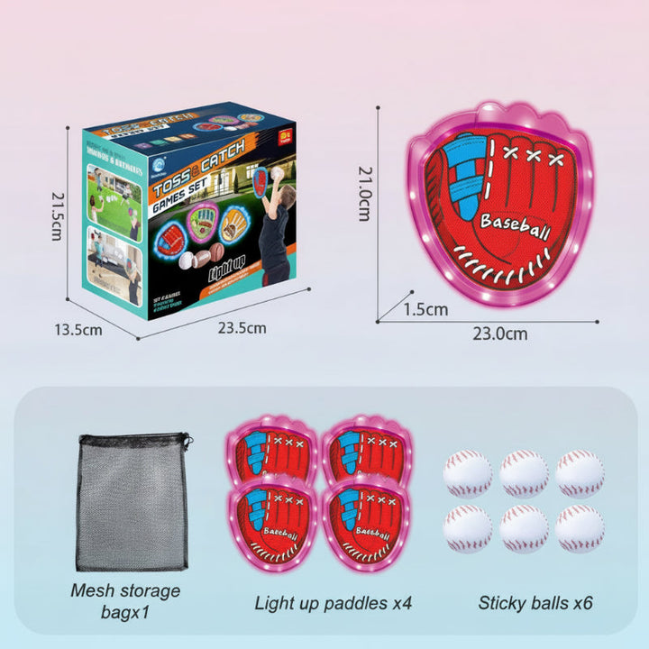 Pink baseball-style catch set with four paddles, six white balls, and a mesh bag