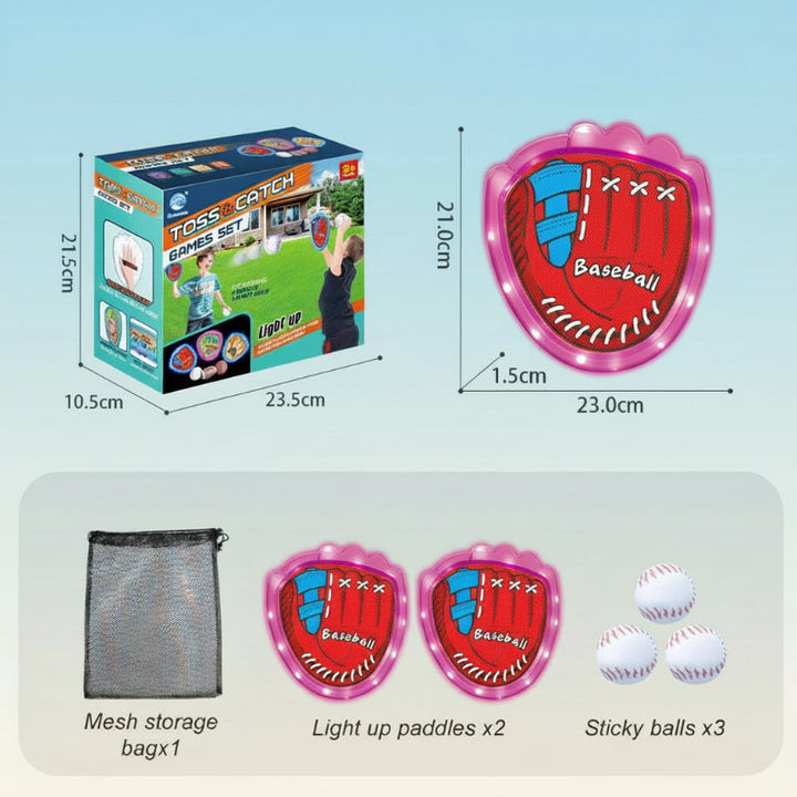 Pink baseball-style catch set with two paddles, three white balls, and a mesh bag