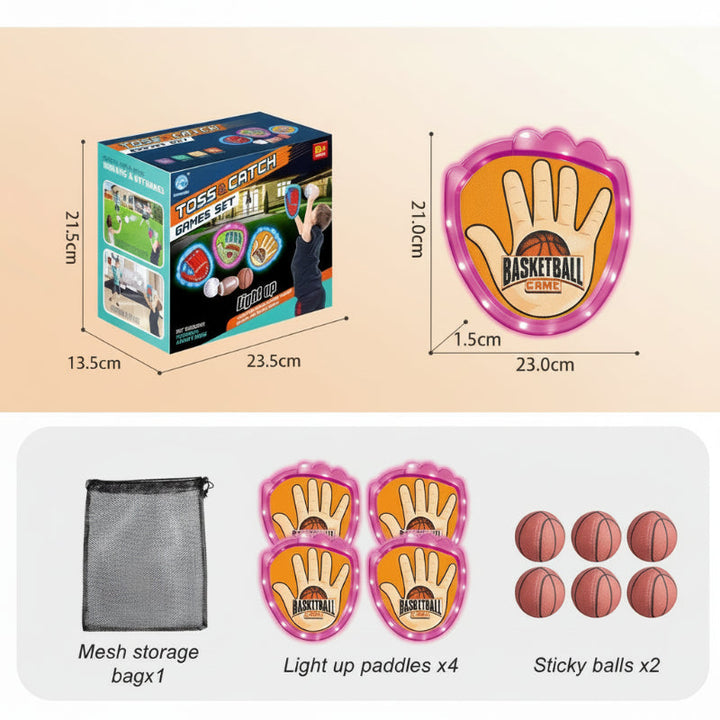 Pink basketball-style set with four paddles, six balls, a mesh bag, and measurements