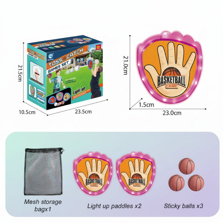 Pink basketball-style set with two paddles, three balls, a mesh bag, and measurements