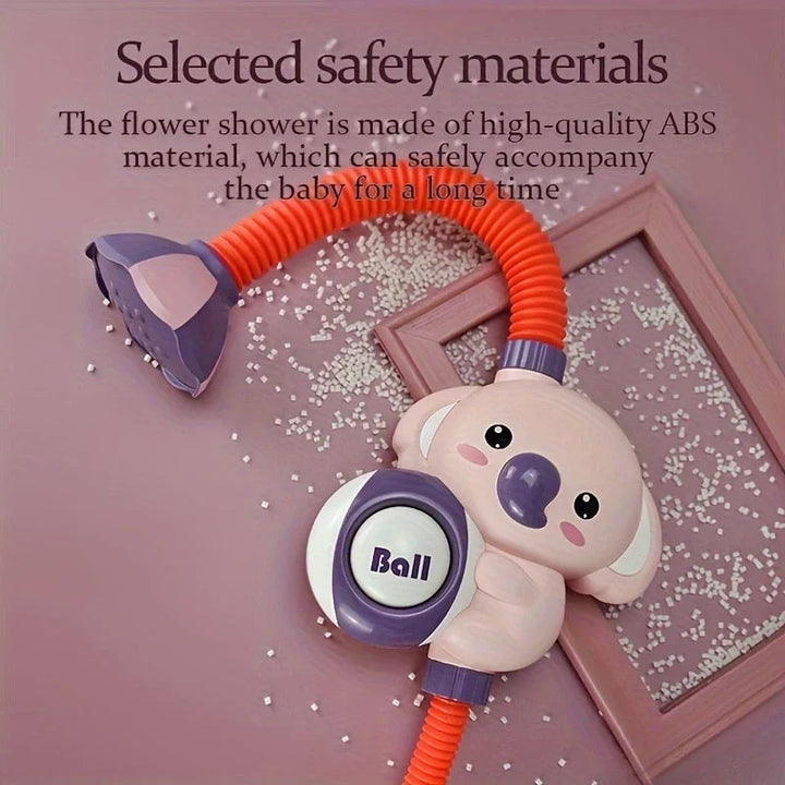 Pink bath shower toy with a flexible red neck and purple shower head surrounded by water droplets