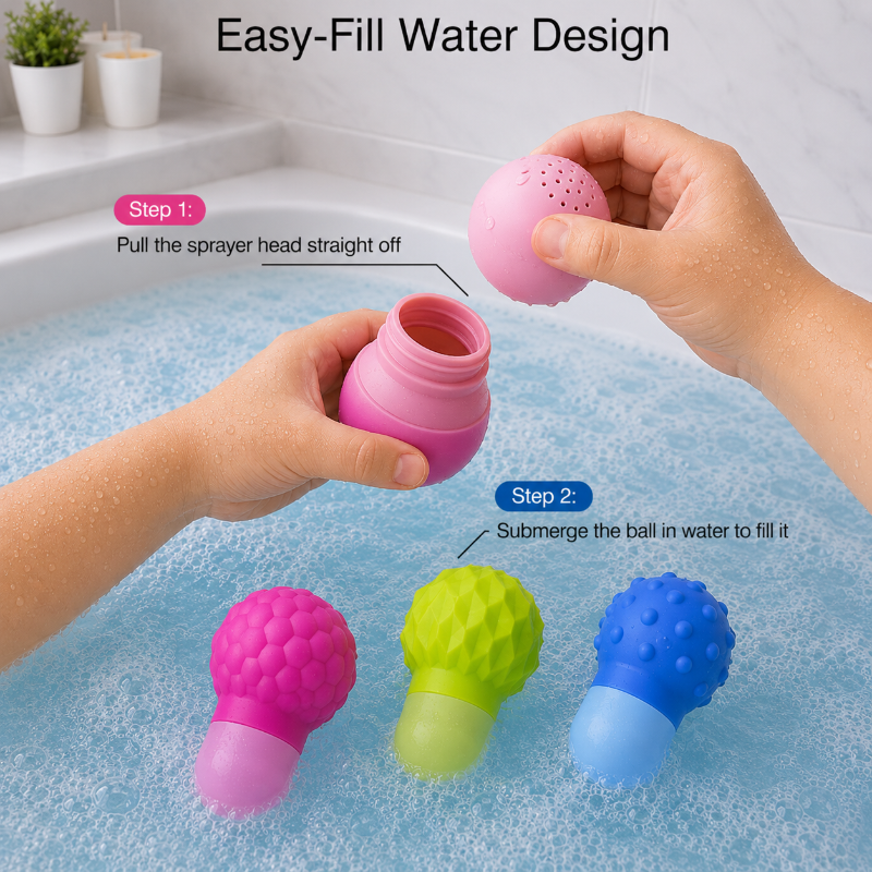 Pink silicone bath squirter with its spray head removed for filling