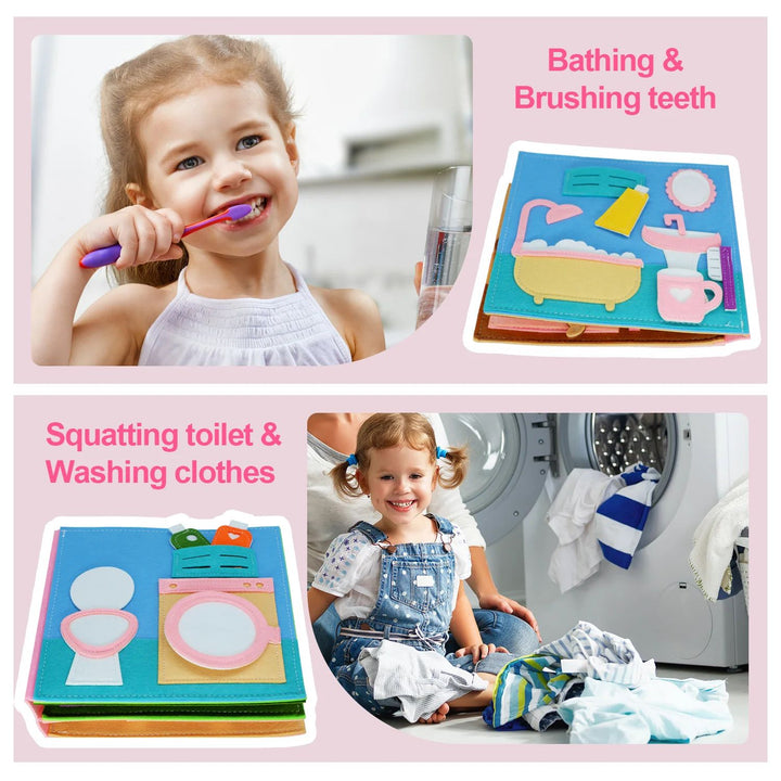Pink bathroom and laundry activity pages with children brushing teeth and handling clothes