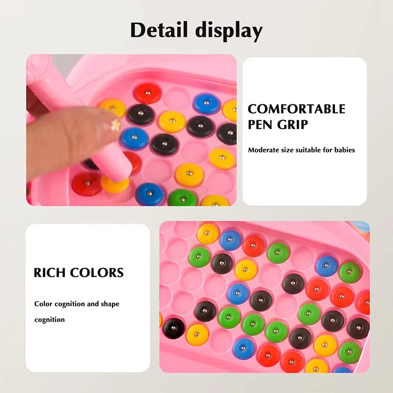 Close-ups of the pink magnetic pen grip and colorful beads in the board&