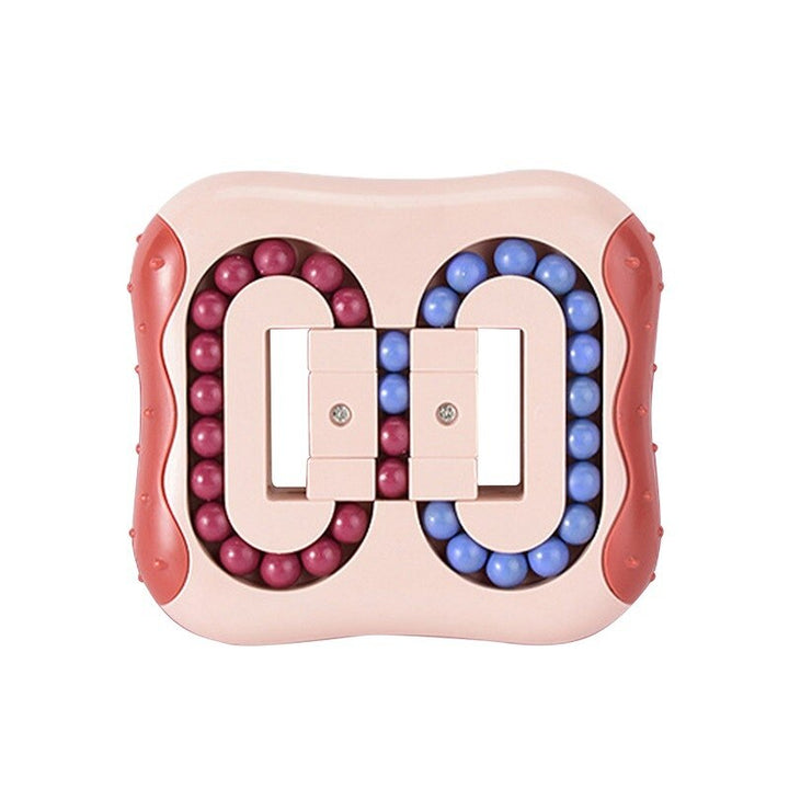 Pink bead puzzle with purple and blue beads in two oval tracks.