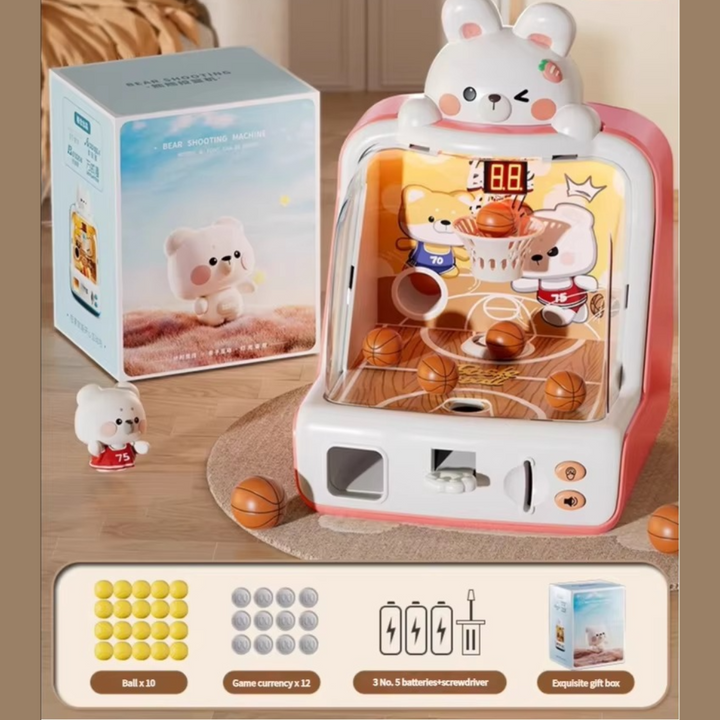 Pink bear basketball game with a digital score display, illuminated court, and retail box