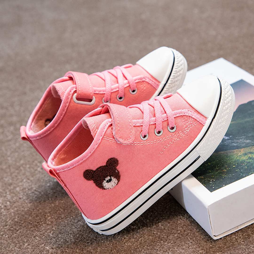 Pink kids' high-top canvas sneakers with bear embroidery, white toe caps, and ankle straps