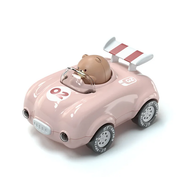 Pink toy race car with bear driver, clear windshield and pink-striped rear spoiler