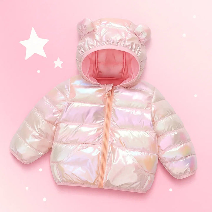 Pink iridescent puffer jacket with a zip front and rounded bear ears on the hood