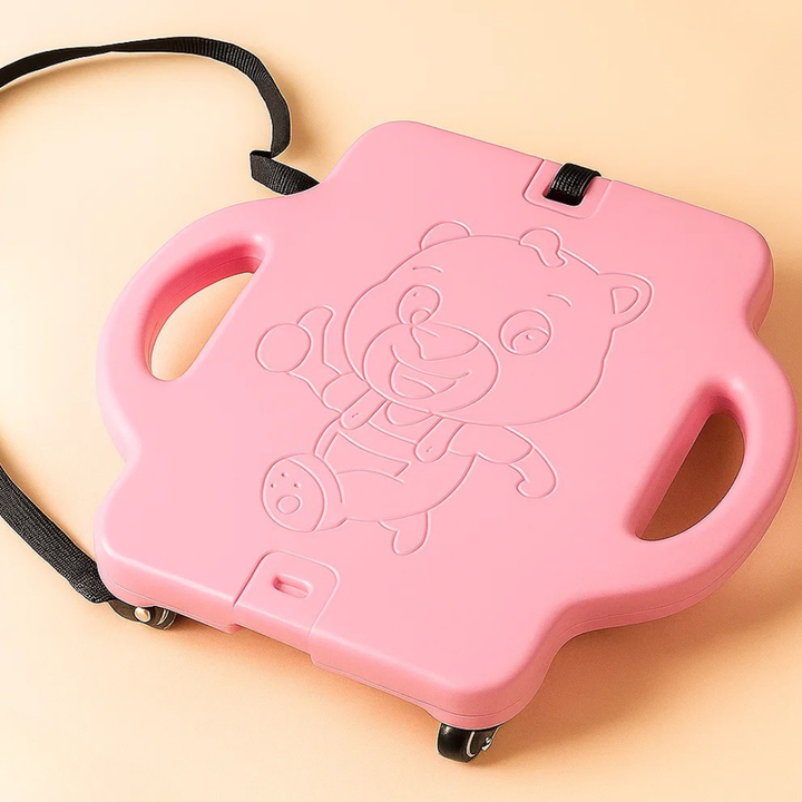 Pink scooter board with side handles, a bear design, caster wheels, and an attached black pull rope