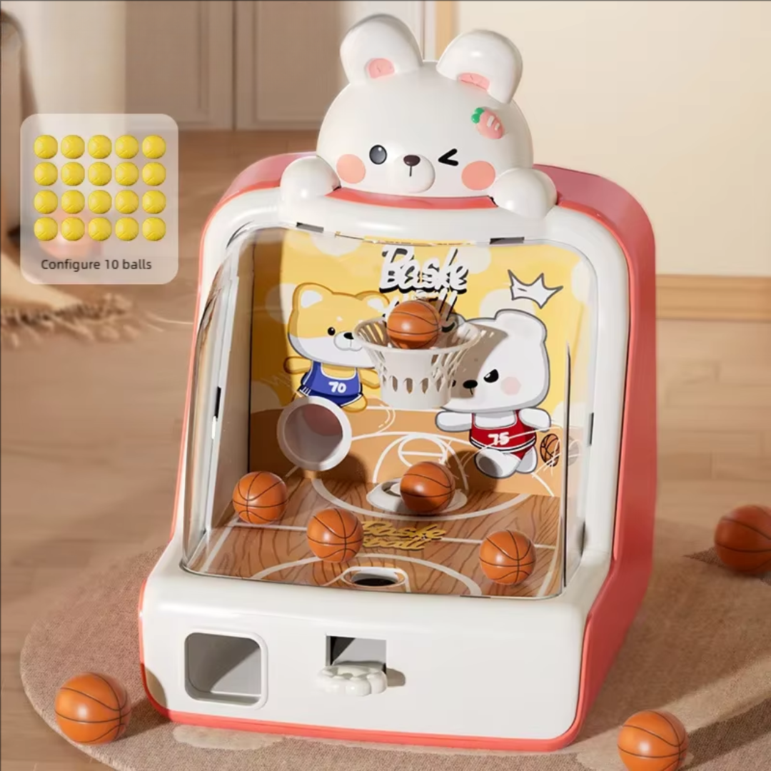 Pink bear tabletop basketball game with a clear front and mini basketballs