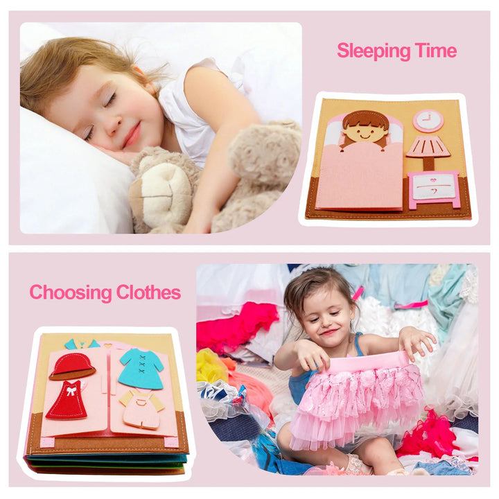 Pink bedtime and dress-up activity pages paired with sleeping and getting-dressed scenes
