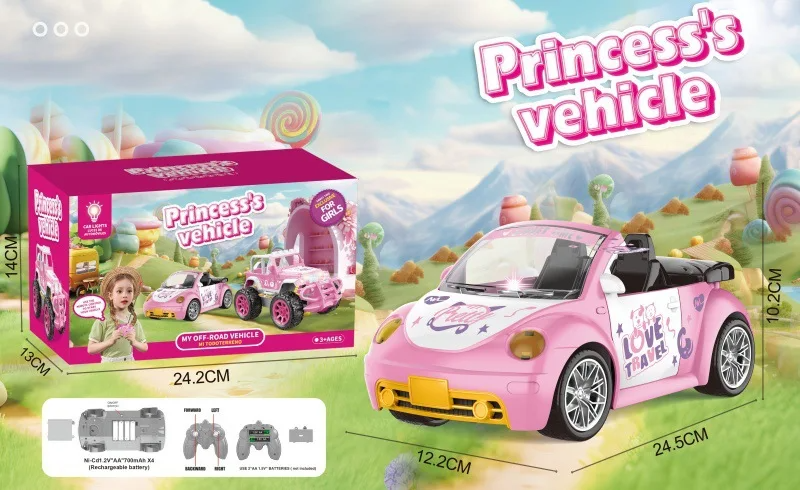 Pink RC convertible beside its retail box, measurement labels and included-item illustrations.