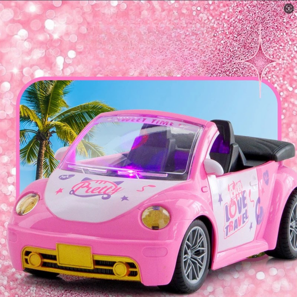 Pink Beetle-style RC convertible with an open top, black seats and yellow front details.