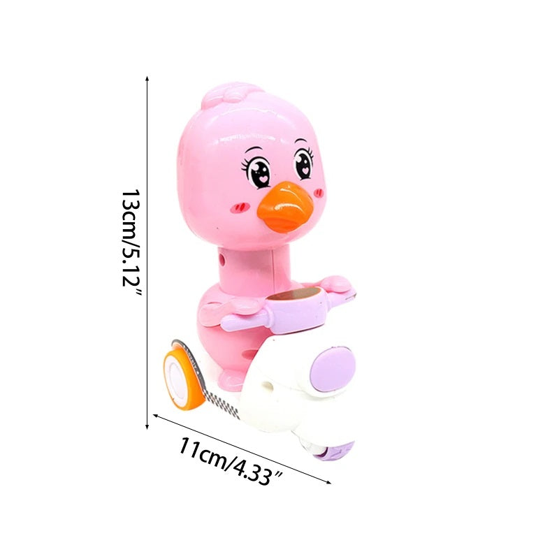 Pink bird motorcycle toy with measurements showing 13 cm height and 11 cm length