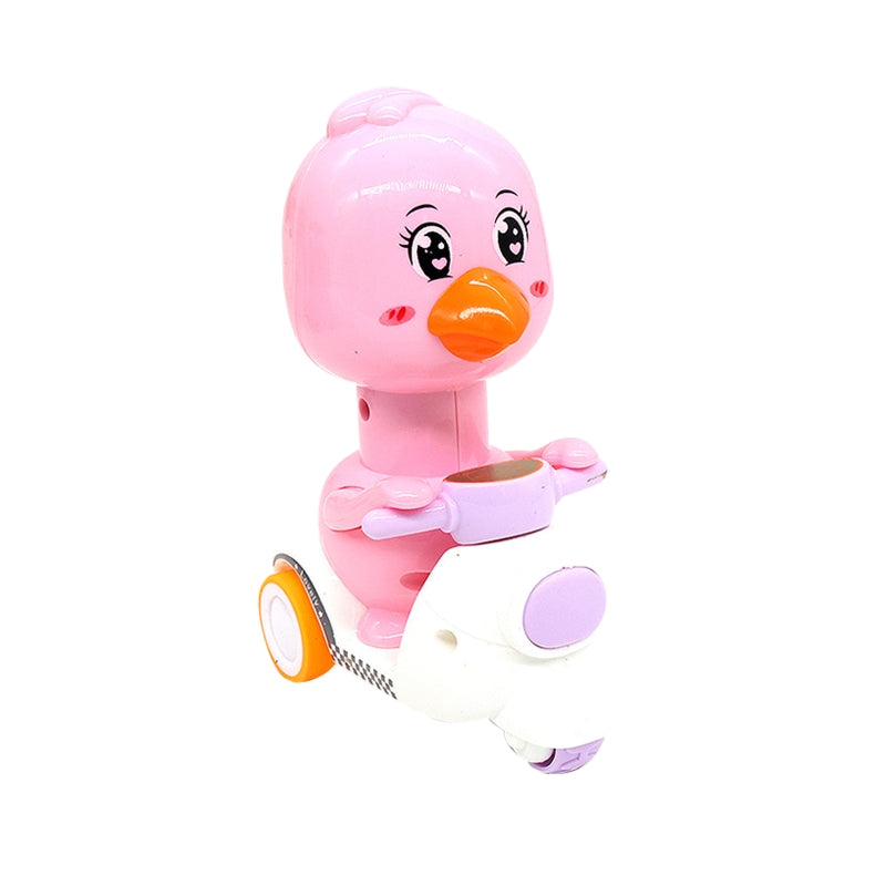 Pink bird rider with an orange beak on a white and lavender toy motorcycle