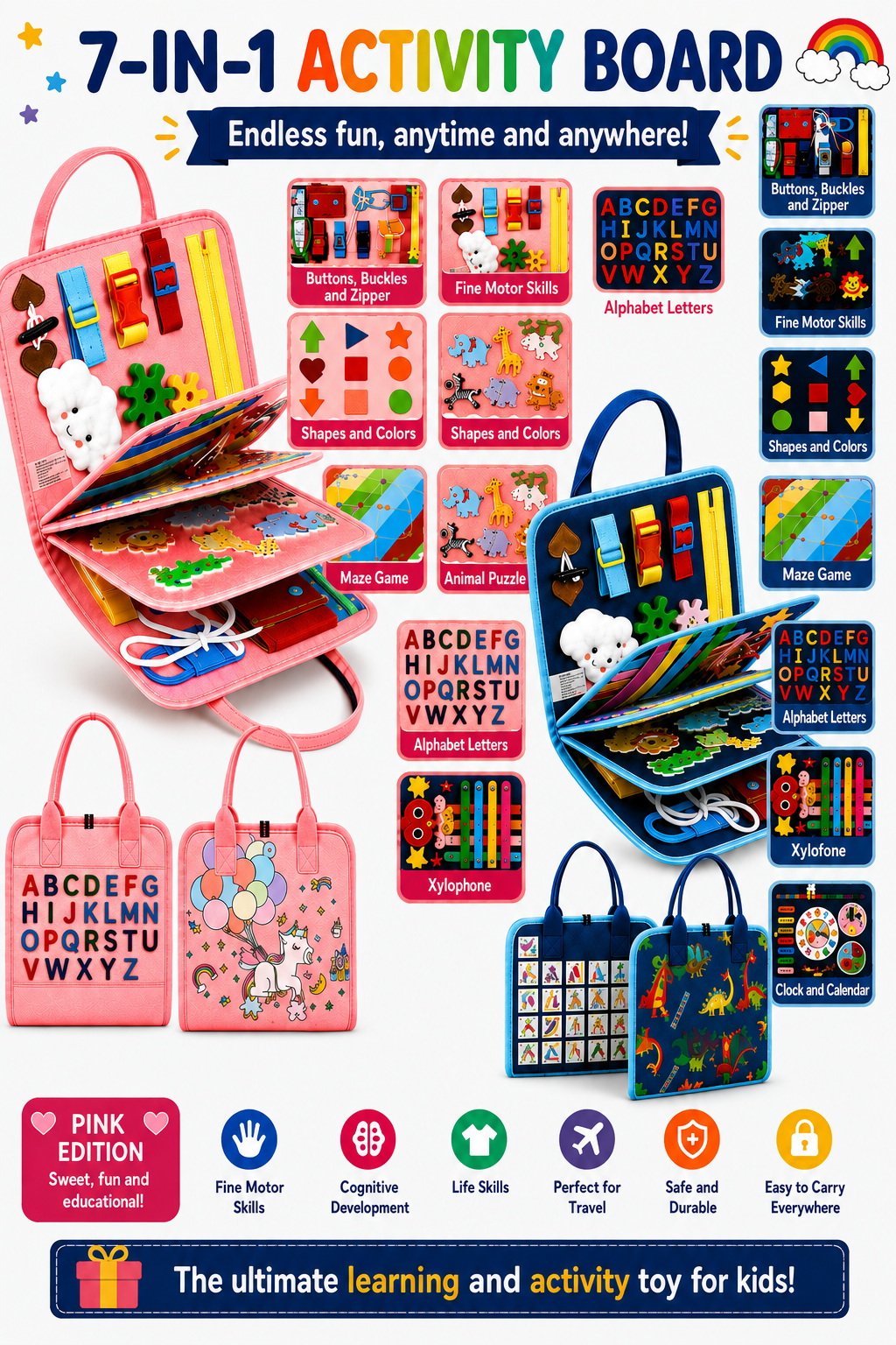Pink and blue busy boards shown open and folded beside their activity panel layouts.