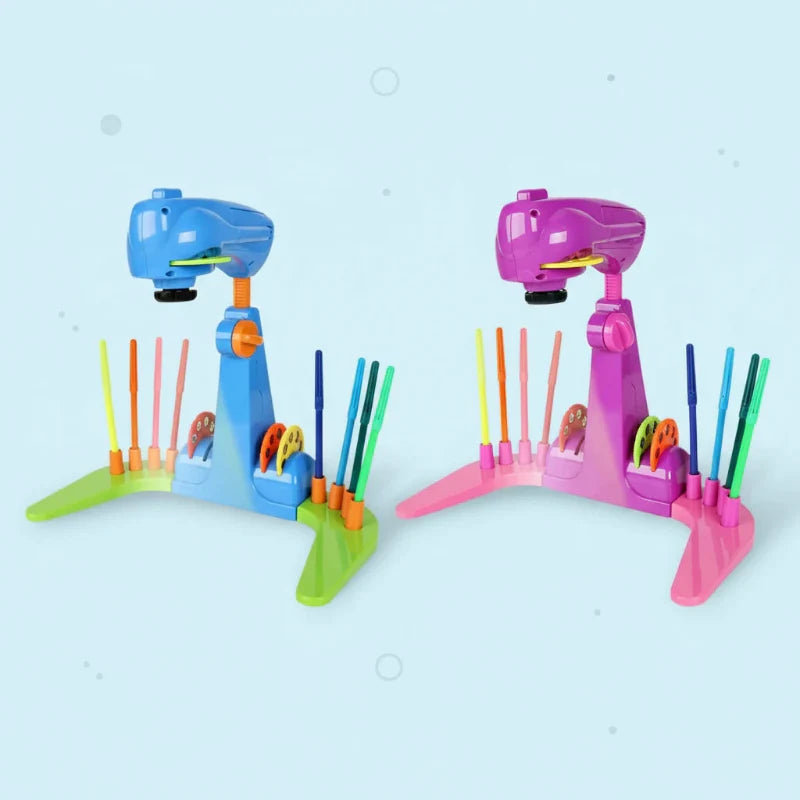 Pink and blue drawing projectors with drawing tools and projection slides in built-in holders.