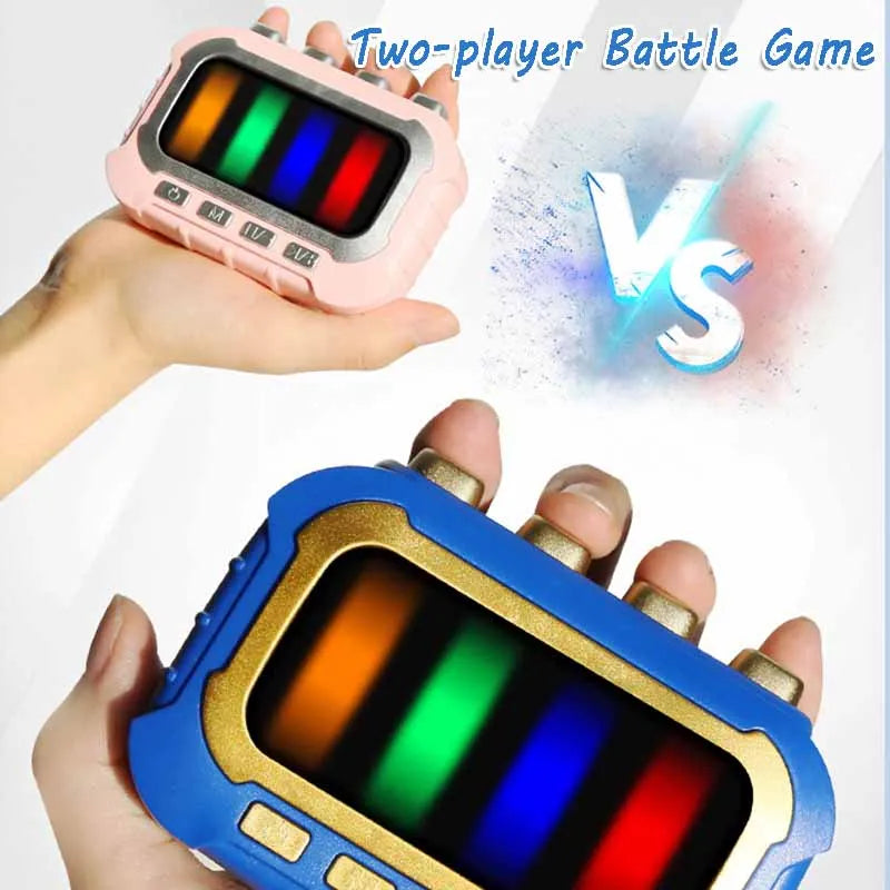 Hands holding pink and blue musical fidget games in a two-player battle graphic.