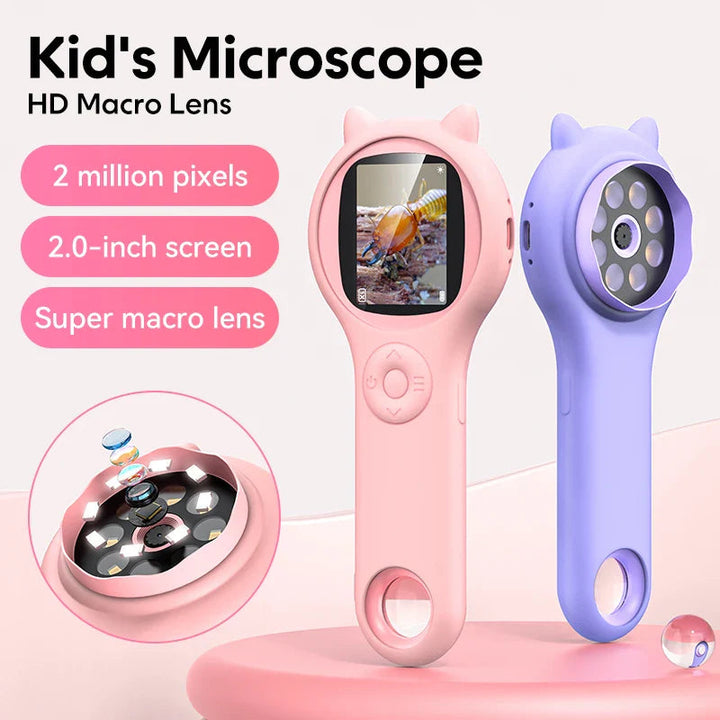 Pink and blue handheld microscopes showing the screen, controls and illuminated macro lens