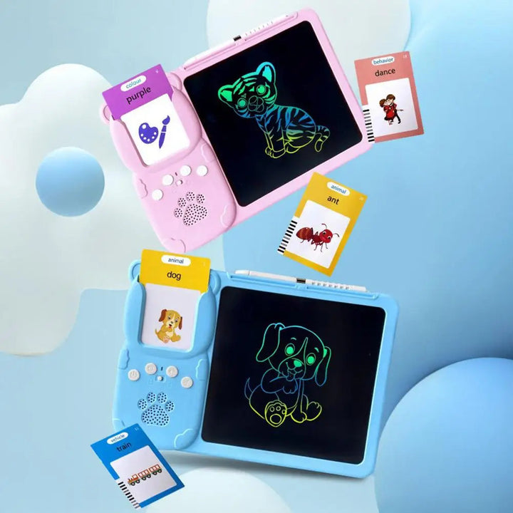 Pink and blue learning tablets with animal sketches on their LCD screens and picture cards