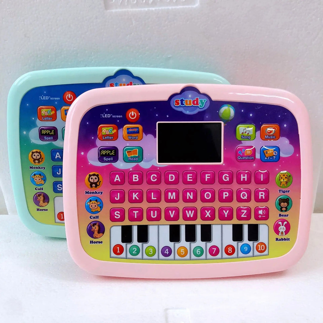Pink and blue learning toy tablets with alphabet buttons, animal pictures, and numbered piano-style keys