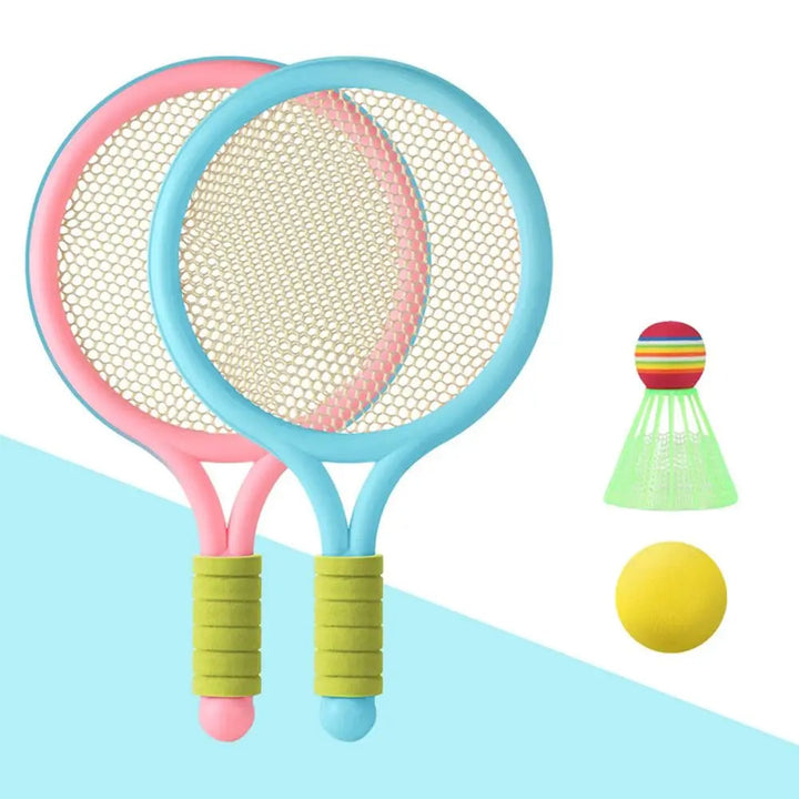 Pink and blue rackets with green grips, a yellow ball and green shuttlecock