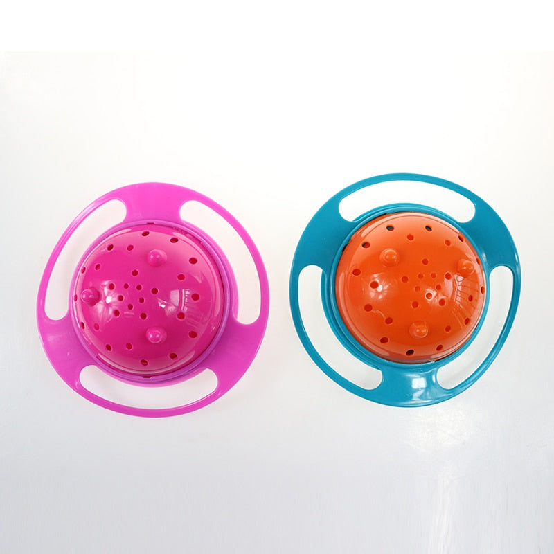 Underside view of pink and blue rotating snack bowls