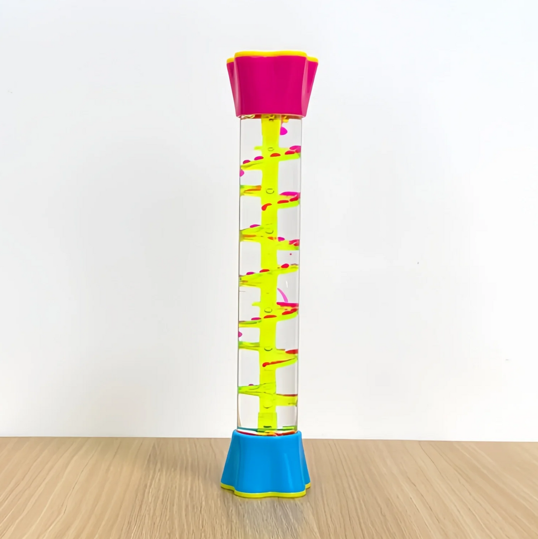 Spiral sensory tube with a pink top, blue base and yellow track