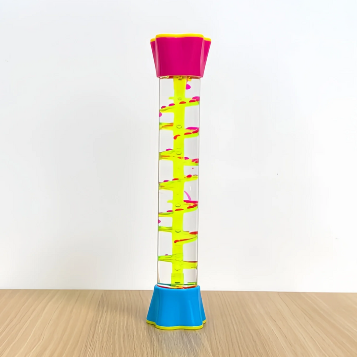 Spiral sensory tube with a pink top, blue base and yellow track