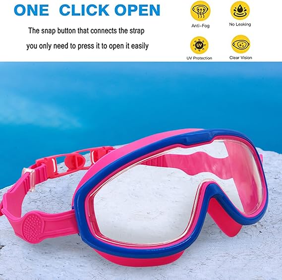Pink and blue swimming goggles beside a pool in a graphic highlighting the snap-open strap