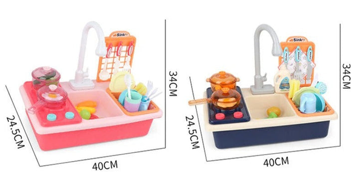 Pink and blue toy kitchen sets with height, width, and depth measurements