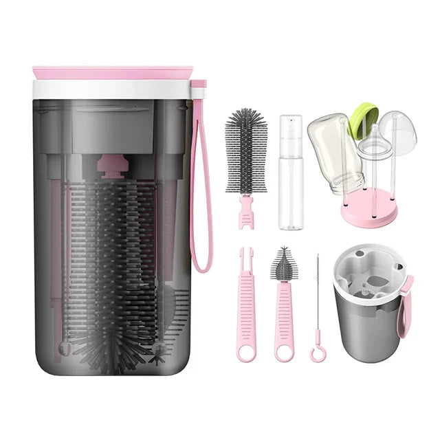 Pink bottle brush kit with a storage case, drying rack, and cleaning accessories